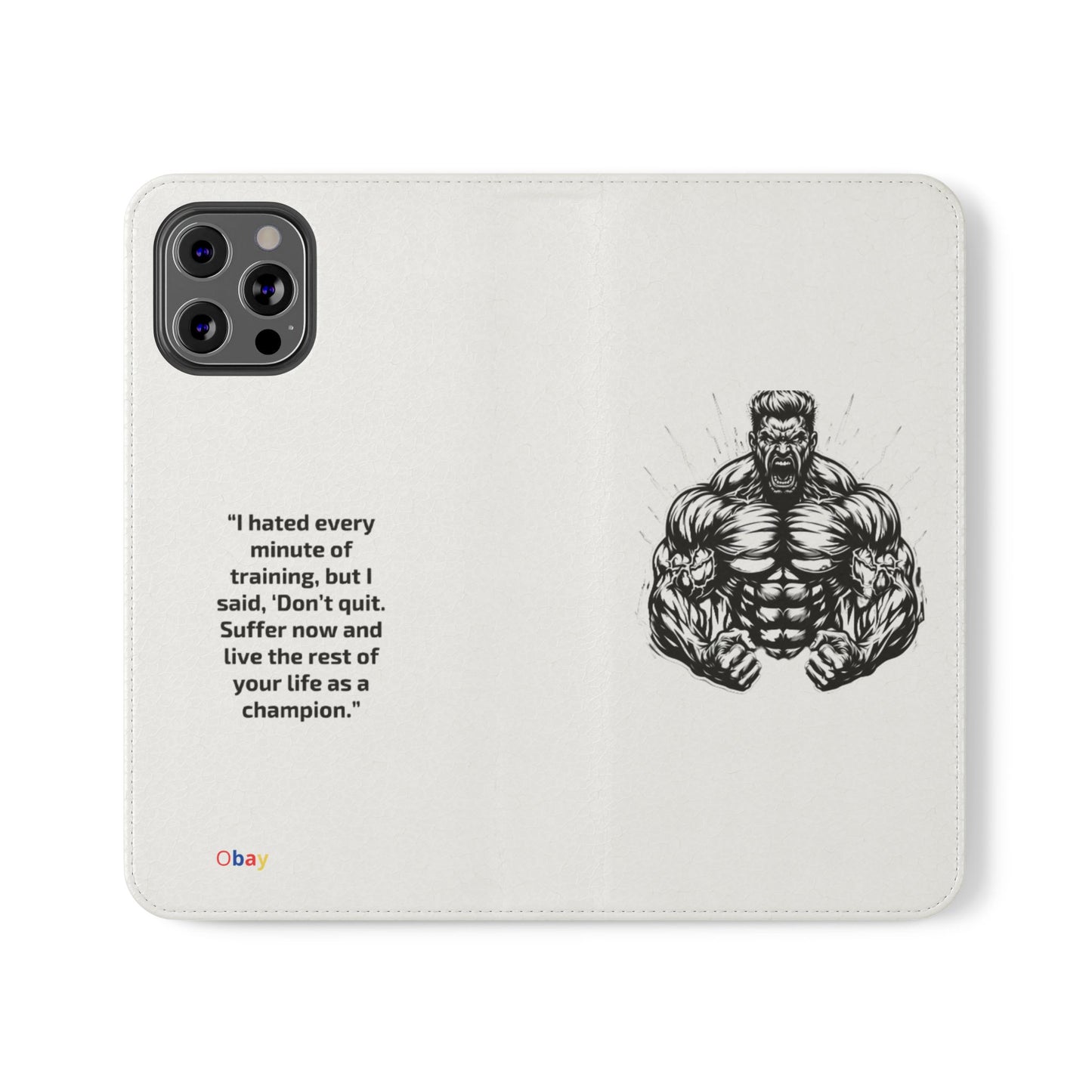 Champion's Motivational Flip Case | Inspirational Quote Phone Accessory for Fitness Enthusiasts