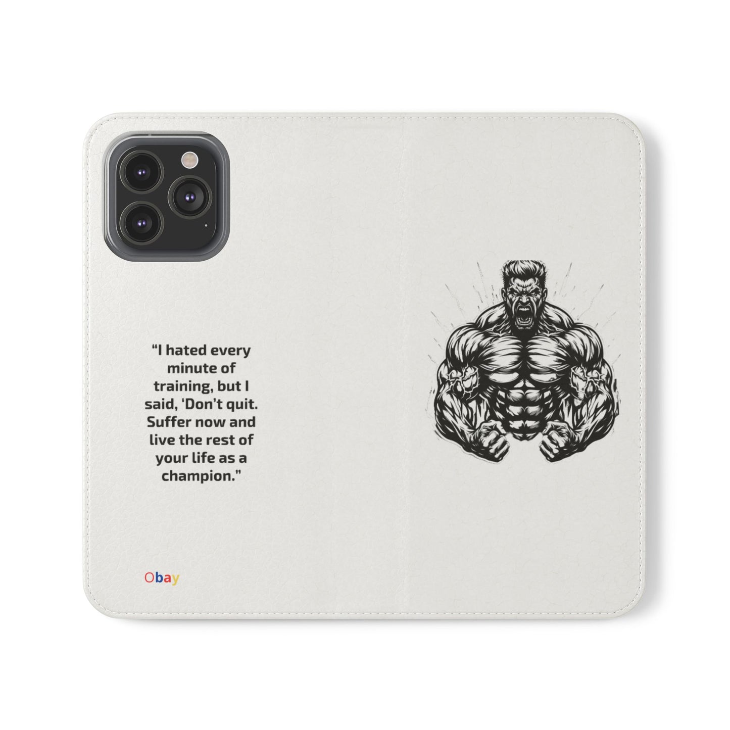 Champion's Motivational Flip Case | Inspirational Quote Phone Accessory for Fitness Enthusiasts
