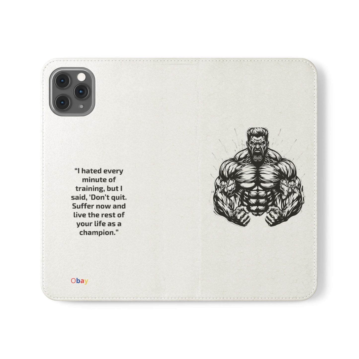 Champion's Motivational Flip Case | Inspirational Quote Phone Accessory for Fitness Enthusiasts