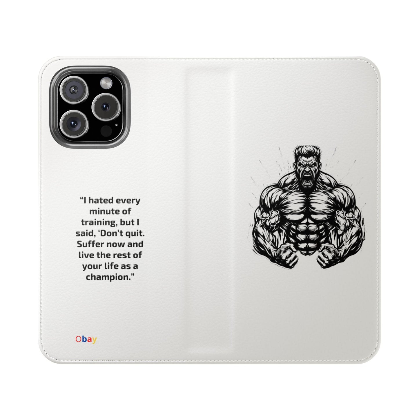 Champion's Motivational Flip Case | Inspirational Quote Phone Accessory for Fitness Enthusiasts