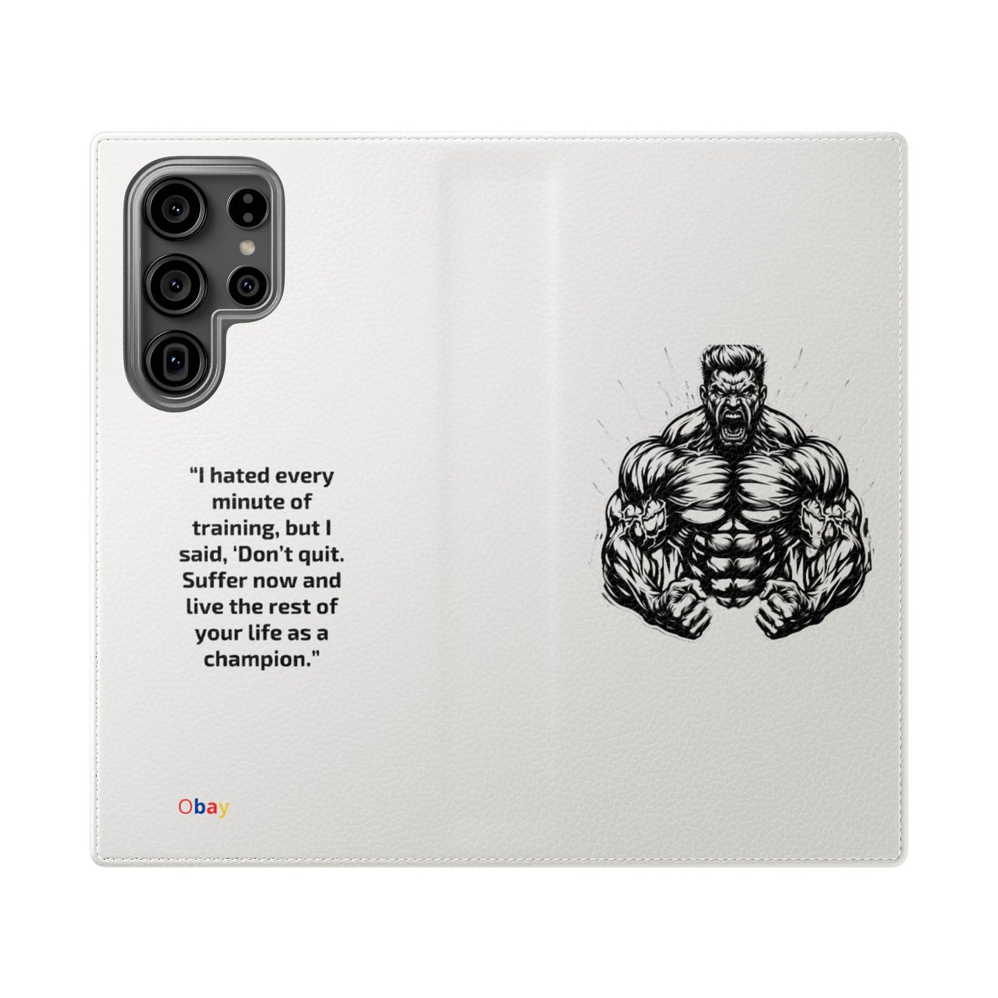 Champion's Motivational Flip Case | Inspirational Quote Phone Accessory for Fitness Enthusiasts