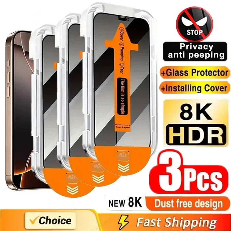 3Pcs iPhone Screen Protector | Privacy Anti-Spy Glass | Dust-Free Installation