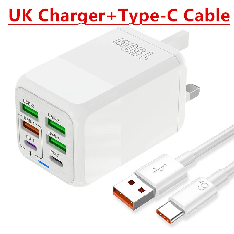Fast Charger Wall Adapter - 150W, 6 Ports, USB C - TechSavvy