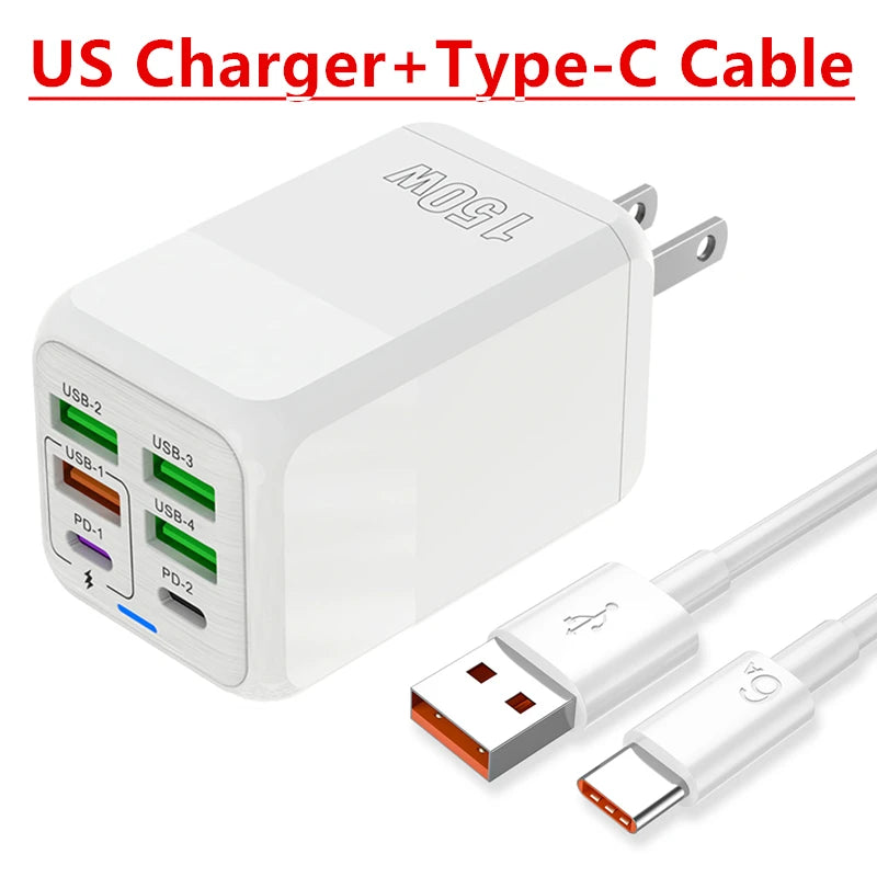 Fast Charger Wall Adapter - 150W, 6 Ports, USB C - TechSavvy