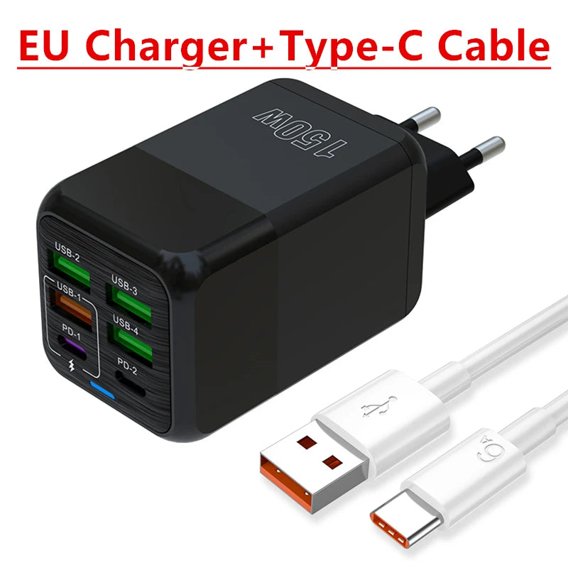 Fast Charger Wall Adapter - 150W, 6 Ports, USB C - TechSavvy