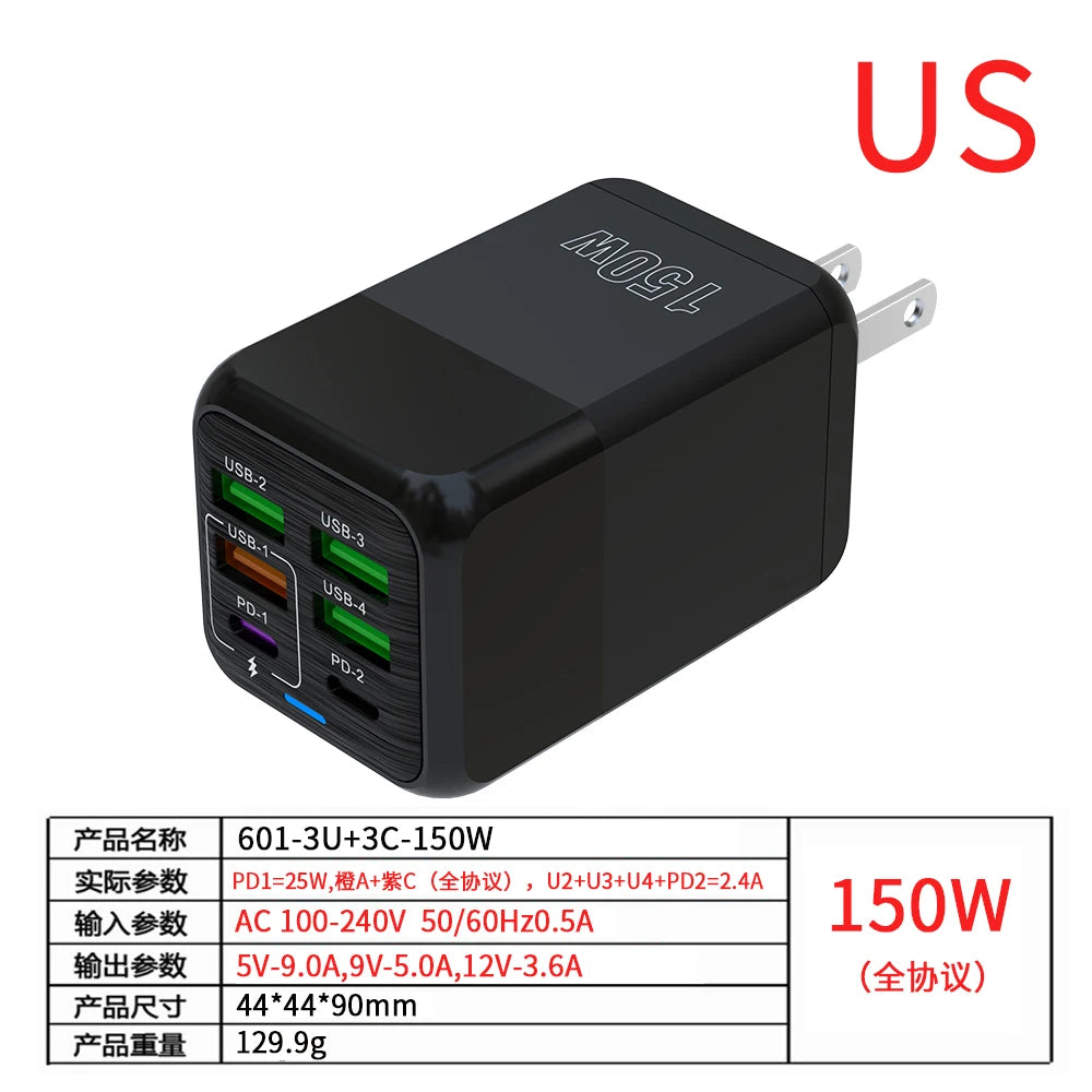 Fast Charger Wall Adapter - 150W, 6 Ports, USB C - TechSavvy