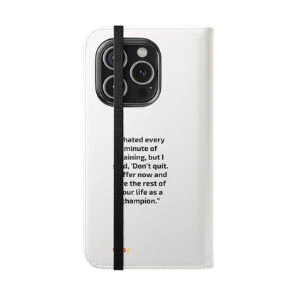 Champion's Motivational Flip Case | Inspirational Quote Phone Accessory for Fitness Enthusiasts