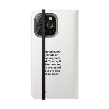Champion's Motivational Flip Case | Inspirational Quote Phone Accessory for Fitness Enthusiasts