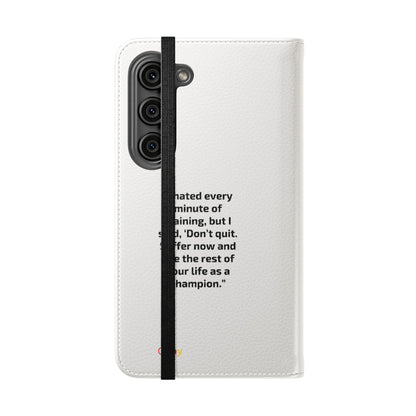 Champion's Motivational Flip Case | Inspirational Quote Phone Accessory for Fitness Enthusiasts