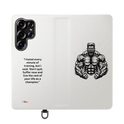 Champion's Motivational Flip Case | Inspirational Quote Phone Accessory for Fitness Enthusiasts