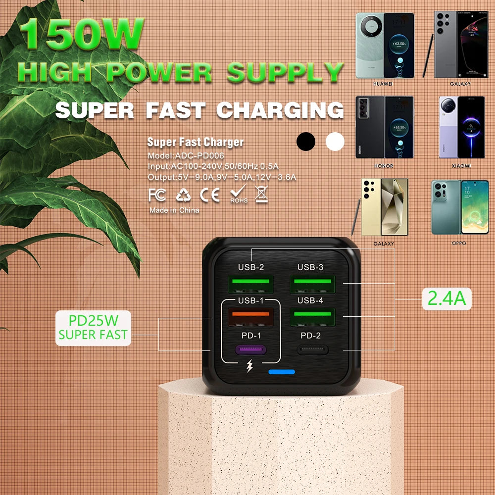 Fast Charger Wall Adapter - 150W, 6 Ports, USB C - TechSavvy