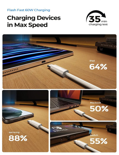 Original PD 60W Fast Charger - 6A USB-C Cable for iPhone 15/16 Pro MAX & Samsung S24 - Quick Charge Power