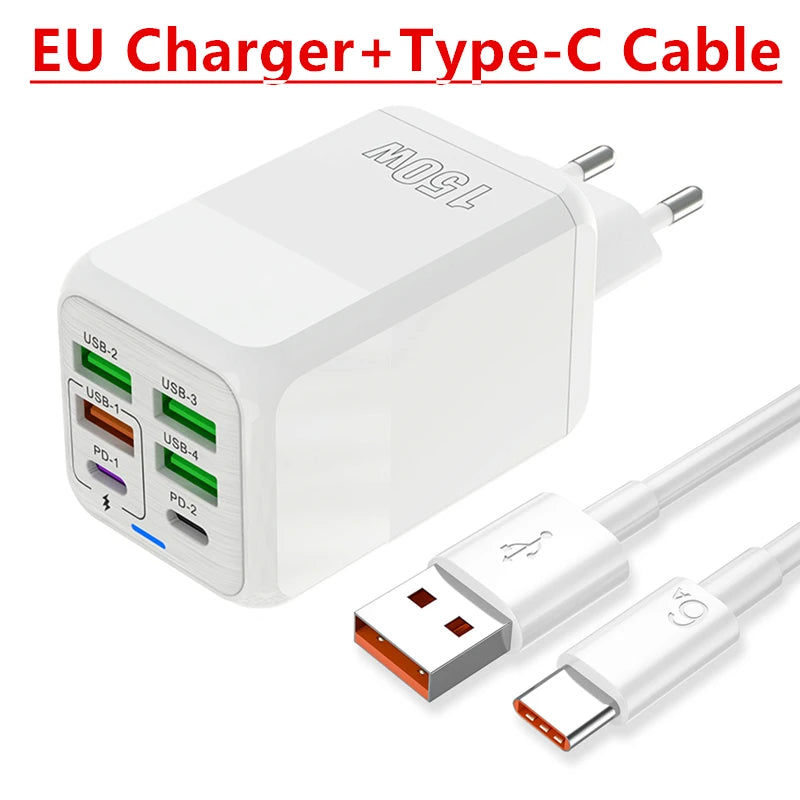Fast Charger Wall Adapter - 150W, 6 Ports, USB C - TechSavvy
