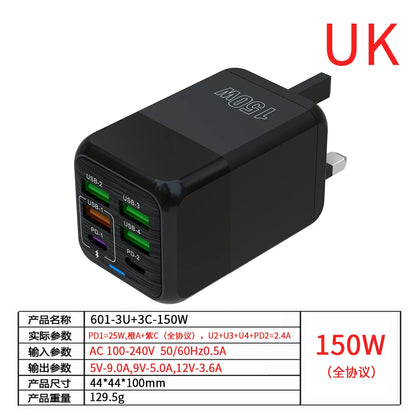 Fast Charger Wall Adapter - 150W, 6 Ports, USB C - TechSavvy