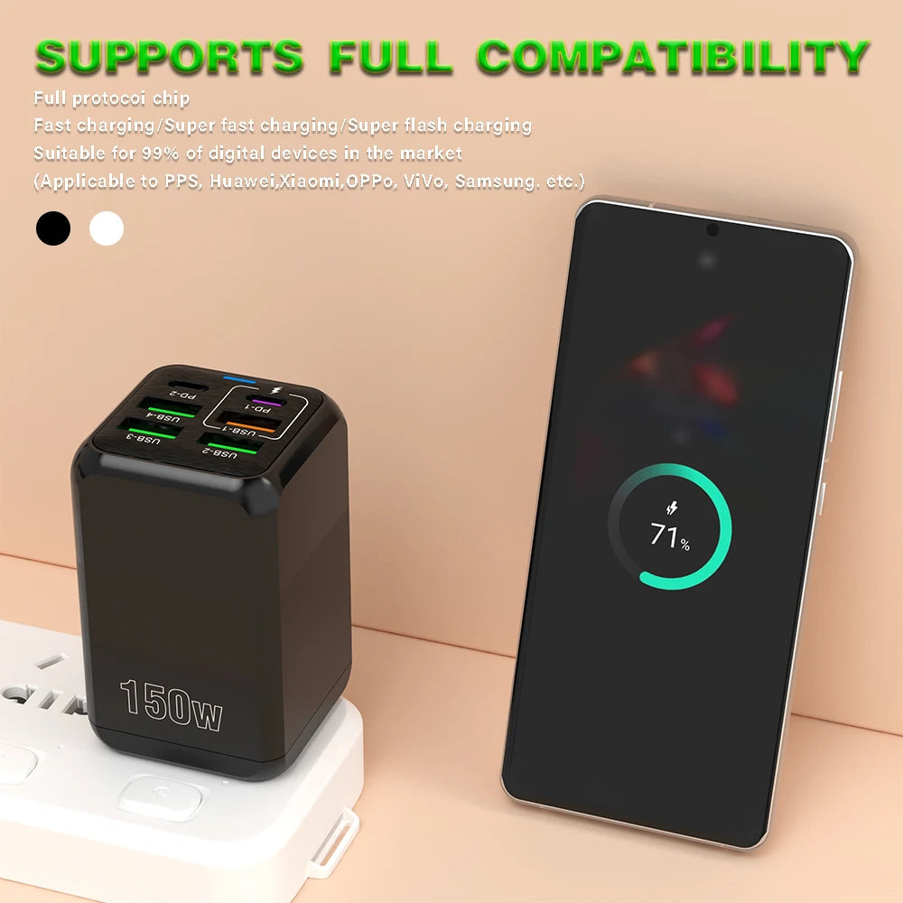 Fast Charger Wall Adapter - 150W, 6 Ports, USB C - TechSavvy