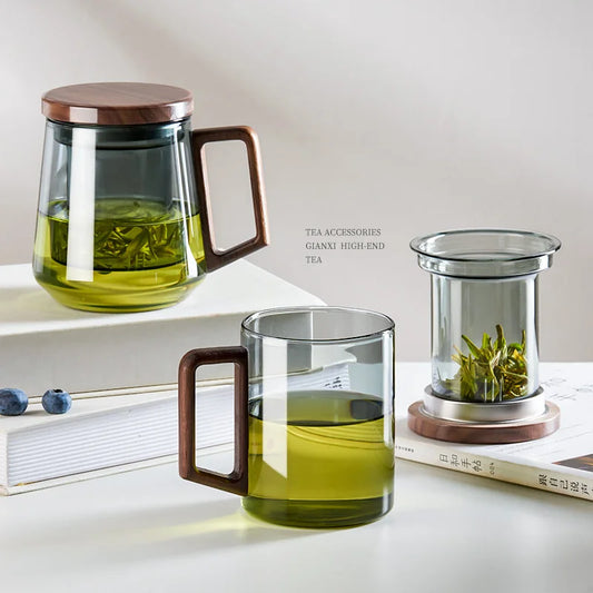 Experience Tranquility with Our Glass Tea Cup - Wood Handle, Heat Resistant